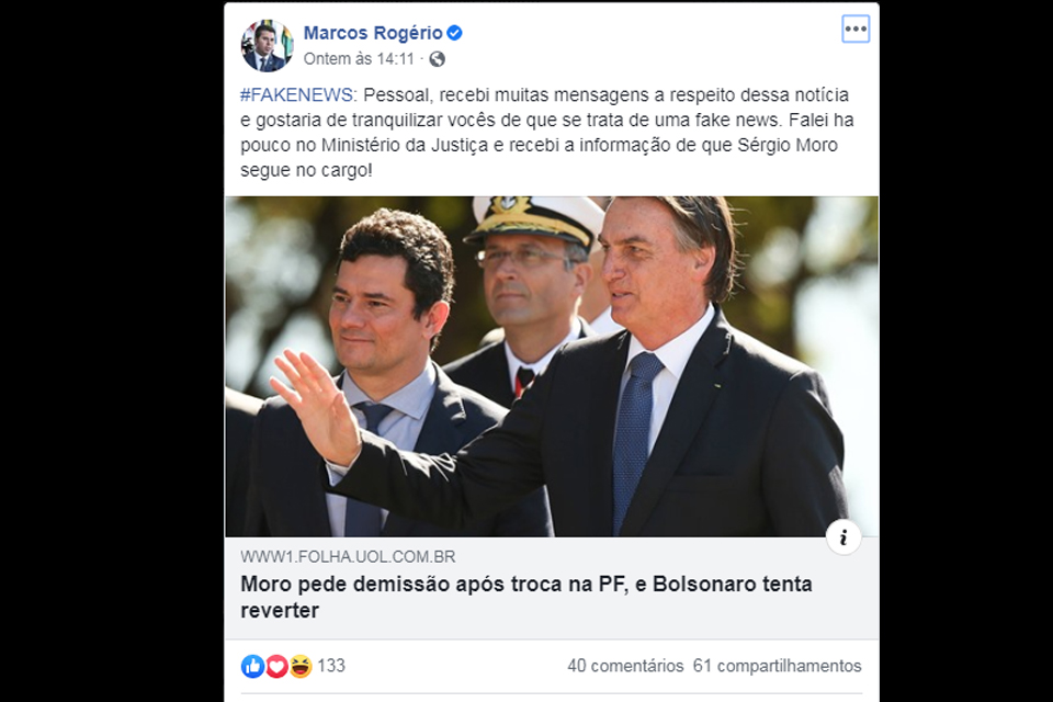 Ontem, senador de Rondônia falou que saída de Moro do governo Bolsonaro era ' fake news'; hoje, gravou vídeo lamentando a demissão do ex-ministro