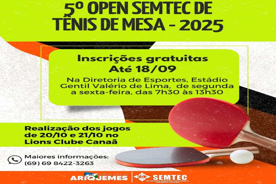 5º Open SEMTEC de Tênis de Mesa recebe inscrições até 18 de setembro
