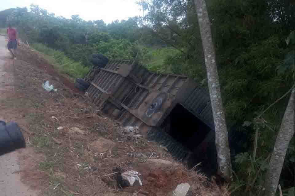 Carreta carregada de gado tomba na BR-364 próximo a PRF em Jaru