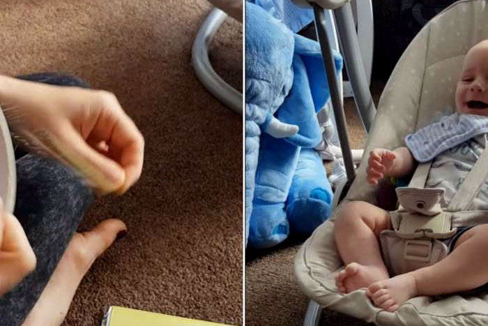 Bebê cai na gargalhada com fita adesiva