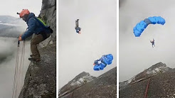 Homem dá salto de penhasco para pular de paraquedas