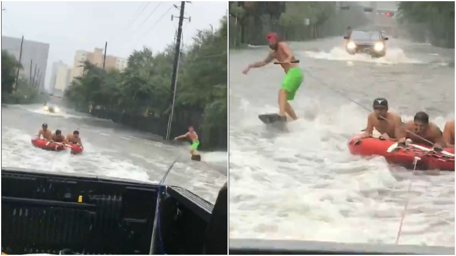 Jovens fazem wakeboard durante furacão Harvey