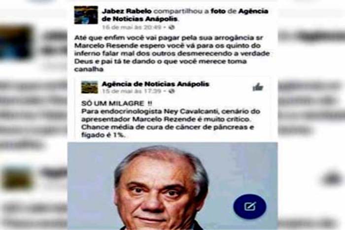 No Facebook, ex-deputado Jabes Rabelo deseja que apresentador Marcelo Rezende com câncer “vá para o quinto dos infernos” 