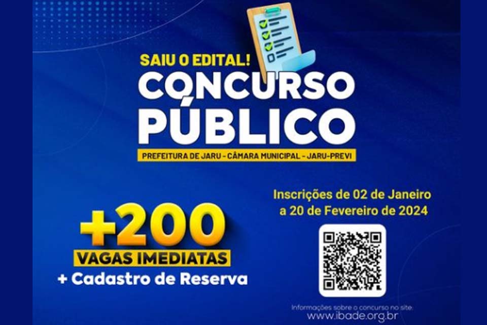  Inscrições do concurso unificado da prefeitura de Jaru terminam na próxima quarta-feira (20)