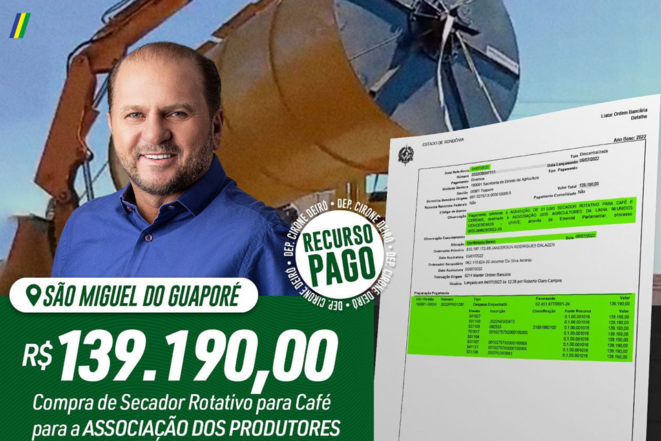 Cirone Deiró destina recursos para a compra de secadores de café que beneficiarão agricultores de São Miguel