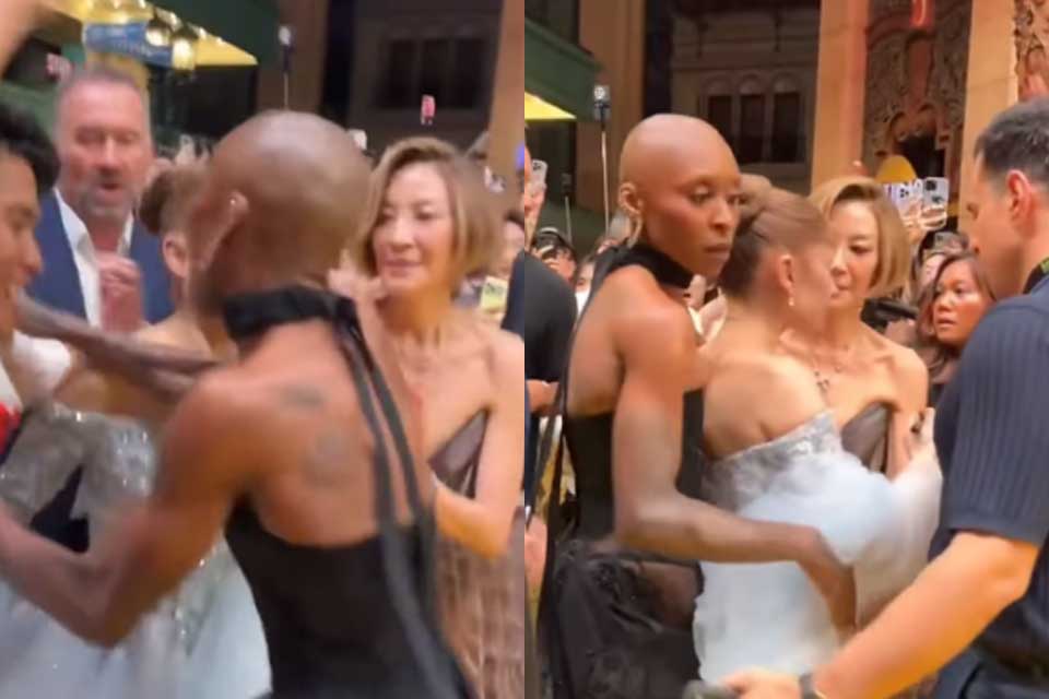 Atriz afasta fã que invadiu área e protege Ariana Grande em pré-estreia de “Wicked 2”