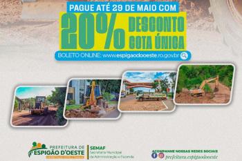 Prefeitura de Espigão do Oeste garante 20% de desconto ao contribuinte que efetuar pagamento até 29 de maio 