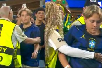 Filho de Neymar é barrado por seguranças após jogo do Brasil