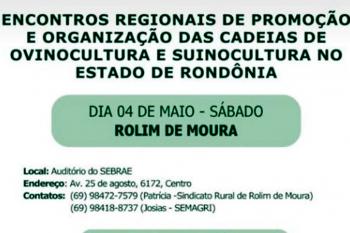 Encontro regional sobre ovinocultura e suinocultura acontecerá dia 4 de maio em Rolim de Moura