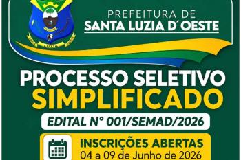 Inscrições para processo seletivo da Prefeitura de Santa Luzia d’Oeste terminam nesta terça-feira (9)