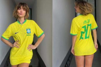 Carolina Dieckmmann usa camisa de Vini Jr. como vestido