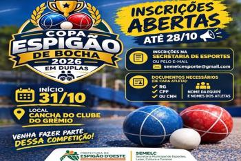 Copa Espigão de Bocha 2026 terá premiação de até R$ 700; inscrições até 28 de outubro