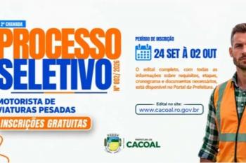 Prefeitura de Cacoal abre teste seletivo para contratação de motoristas de viaturas pesadas