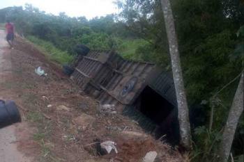 Carreta carregada de gado tomba na BR-364 próximo a PRF em Jaru