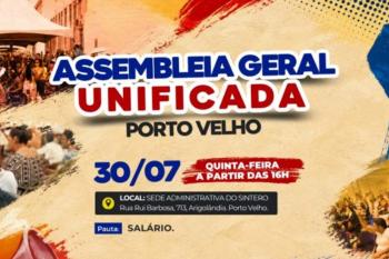 SINTERO convoca trabalhadores em educação para Assembleia Geral Extraordinária