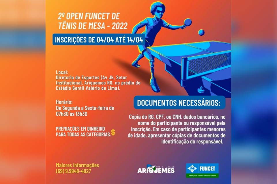 Fundação de Cultura Esporte e Turismo abre inscrições para 2º Open Funcet de Tênis de Mesa