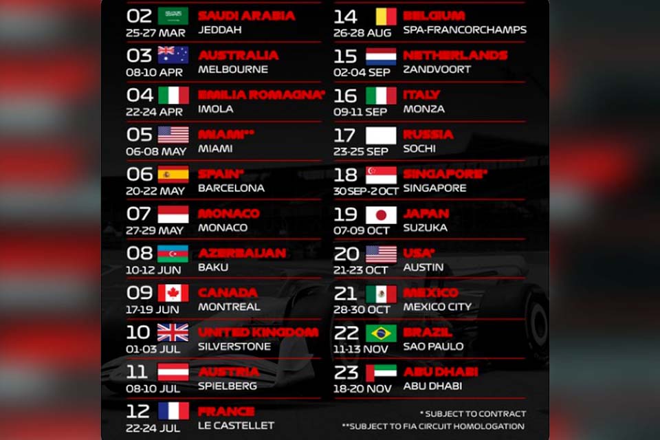 Fórmula 1 anuncia temporada 2022 com recorde de 23 corridas