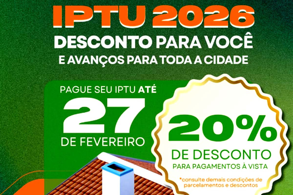 Desconto máximo de 20% no IPTU 2026 vence no dia 27 de fevereiro em Rolim de Moura
