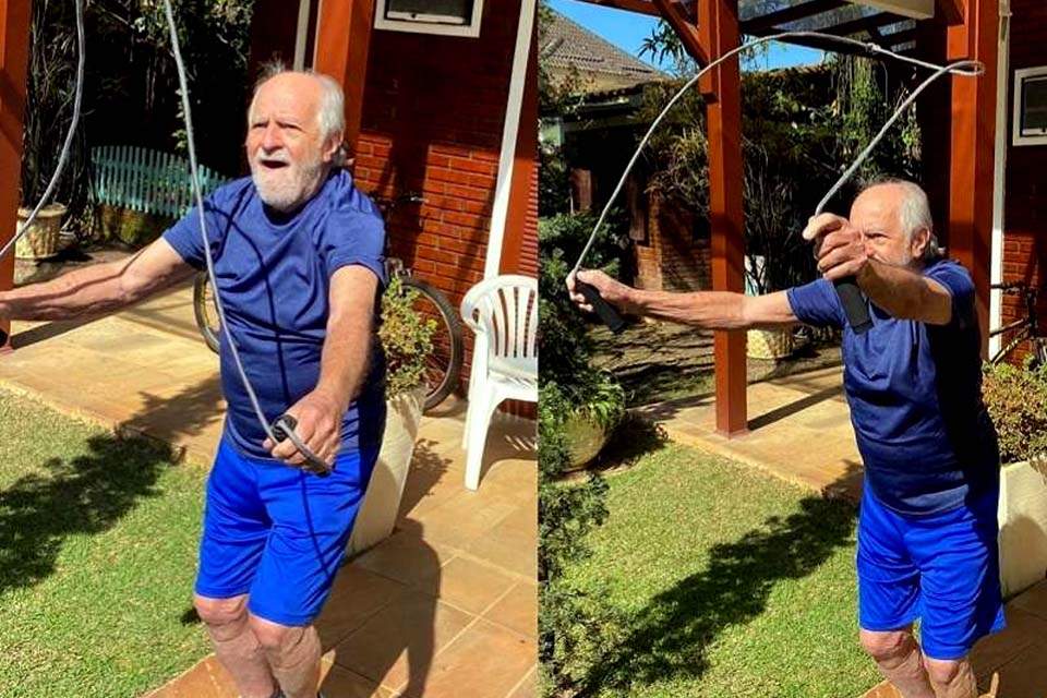 Aos 87 anos, Ary Fontoura tenta pular corda e brinca: 