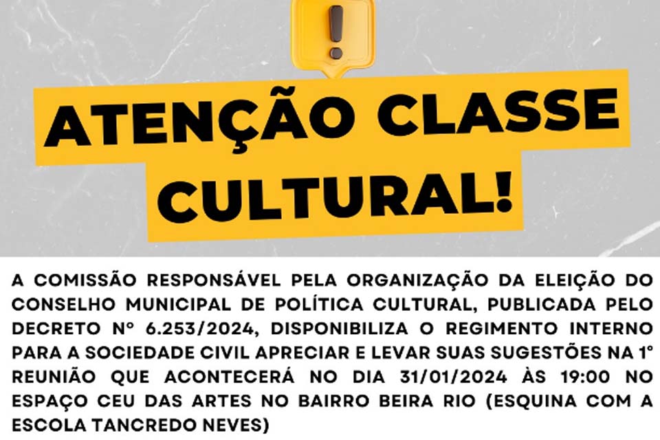 Prefeitura de Rolim de Moura disponibiliza regimento eleitoral para Eleição do Conselho de Política Cultural
