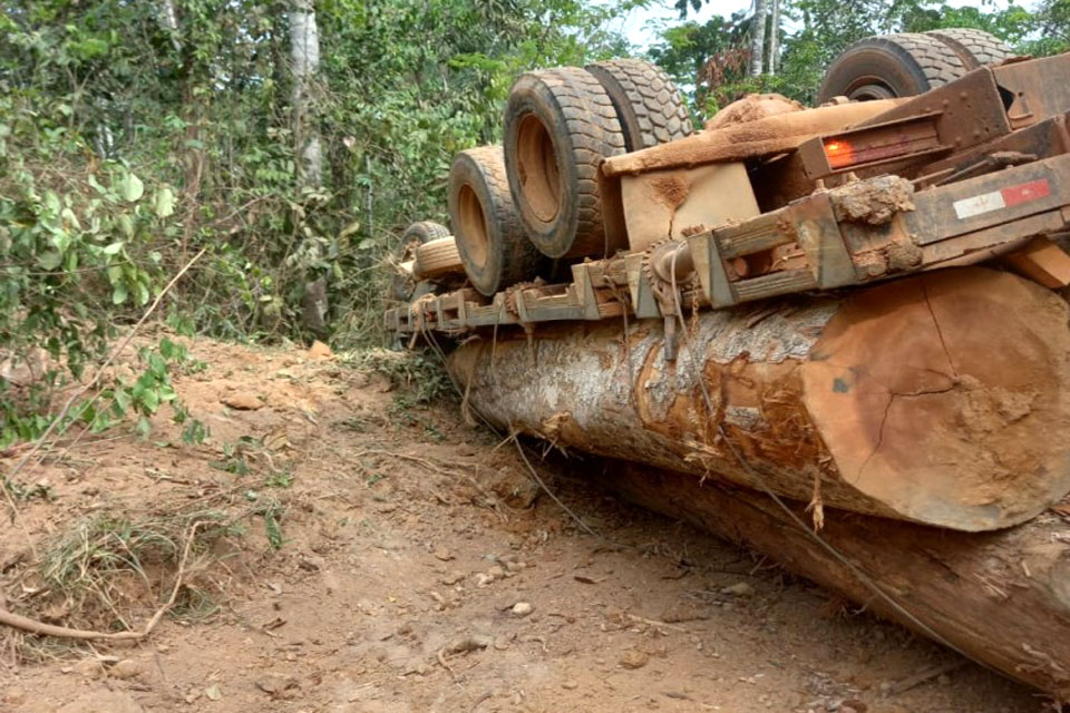 Motorista morre após caminhão madeireiro capotar em Espigão do Oeste