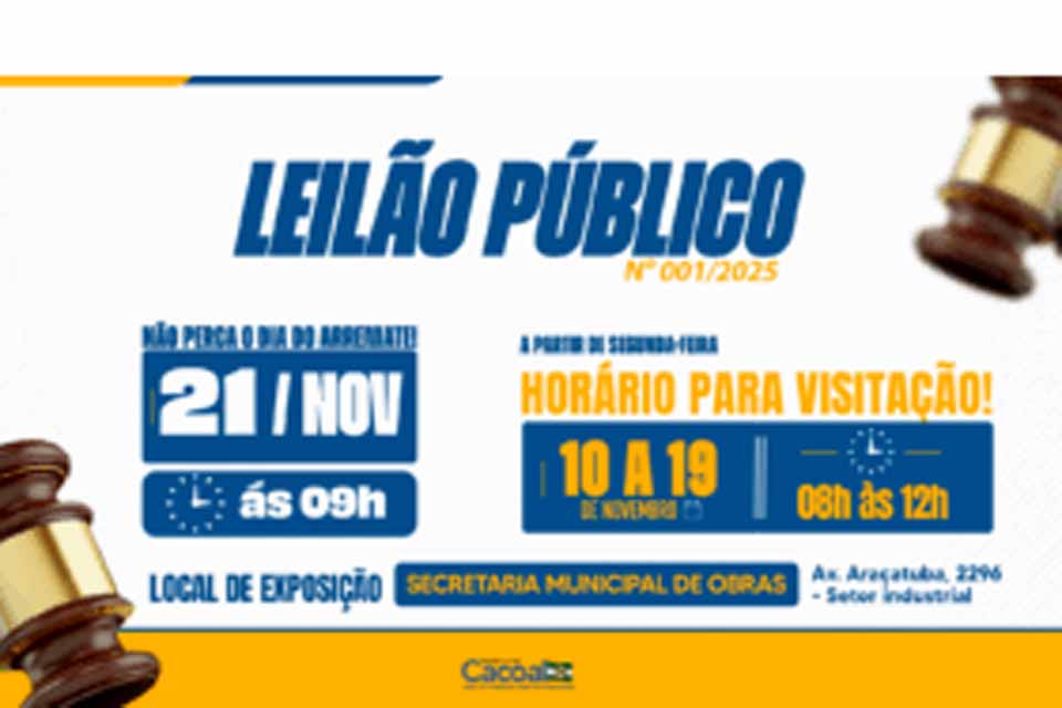 Prefeitura anuncia leilão público com mais de 80 lotes de veículos, máquinas e sucatas