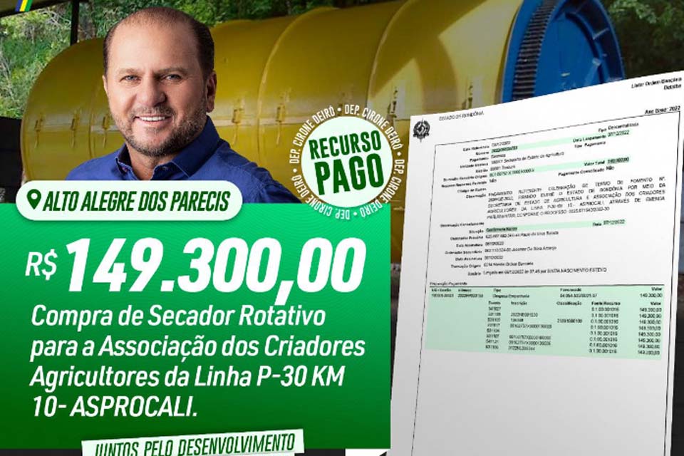 Cirone Deiró destina recurso para compra de secador de café à Associação dos Criadores e Agricultores da Linha P-30 em Alto Alegre dos Parecis