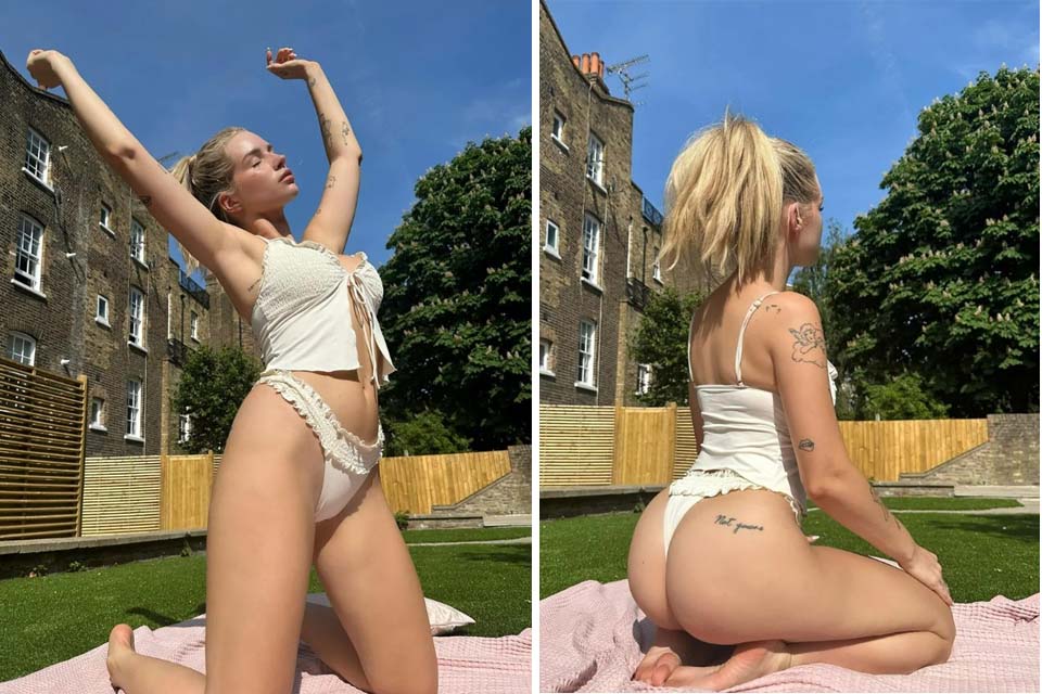 De fio-dental, irmã caçula de Kate Moss toma sol e exibe tattoo no bumbum