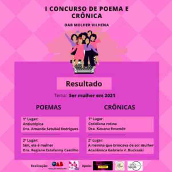 OAB Rondônia divulga vencedoras do concurso de Poema e Crônicas “Ser Mulher em 2021