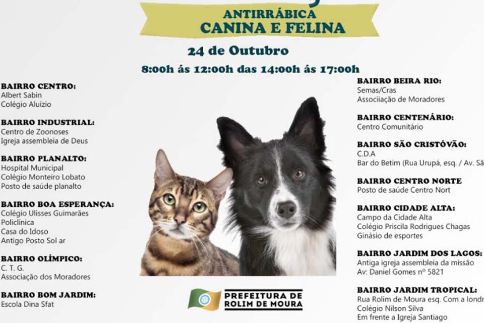 D da vacinação antirrábica canina e felina será no próximo sábado