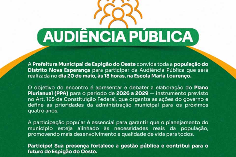 Prefeitura convida população do Distrito Nova Esperança para Audiência Pública 