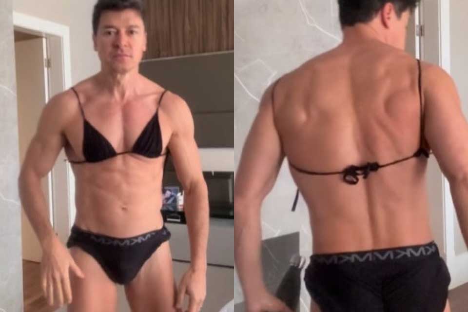 Rodrigo Faro entra em trend do biquíni e diverte fãs: “Dica pra manter o foco”