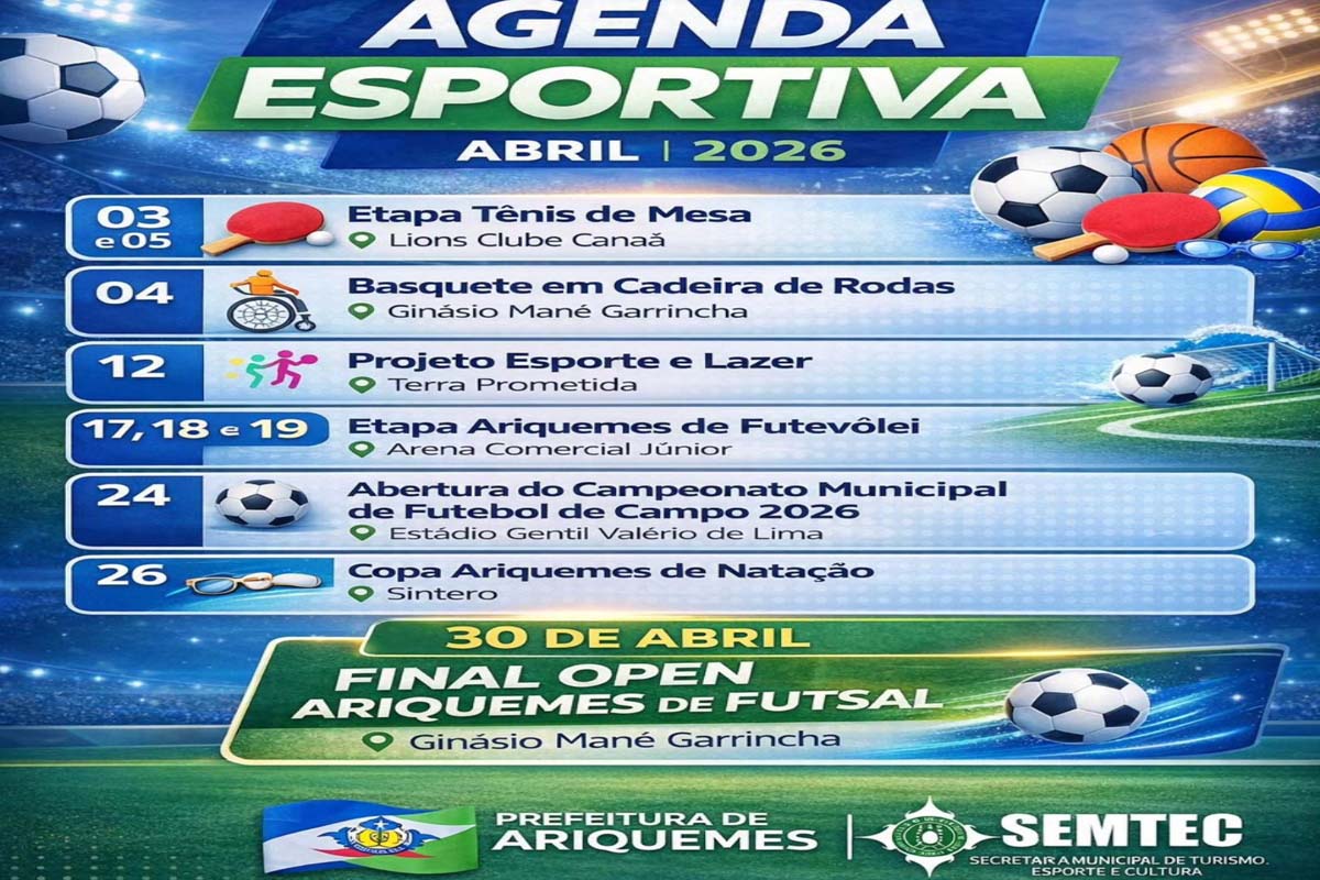 Prefeitura de Ariquemes divulga calendário esportivo de abril com futsal, futebol e natação