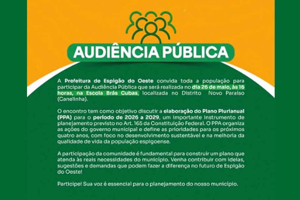 Prefeitura conivda moradores dos Distritos Novo Paraíso e Flor da Serra para participarem de Audiência Publica