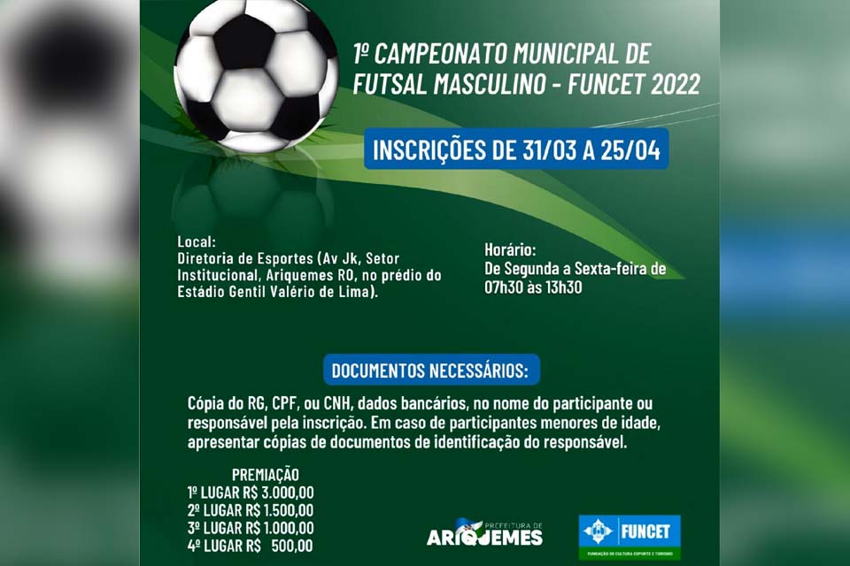 Funcet abre inscrições para o 1º Campeonato Municipal de Futsal Masculino